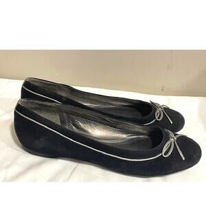 Talbots Black Faux Suede Ballet Flats Silver Piping Bow Holiday Women's Sz 8.5
